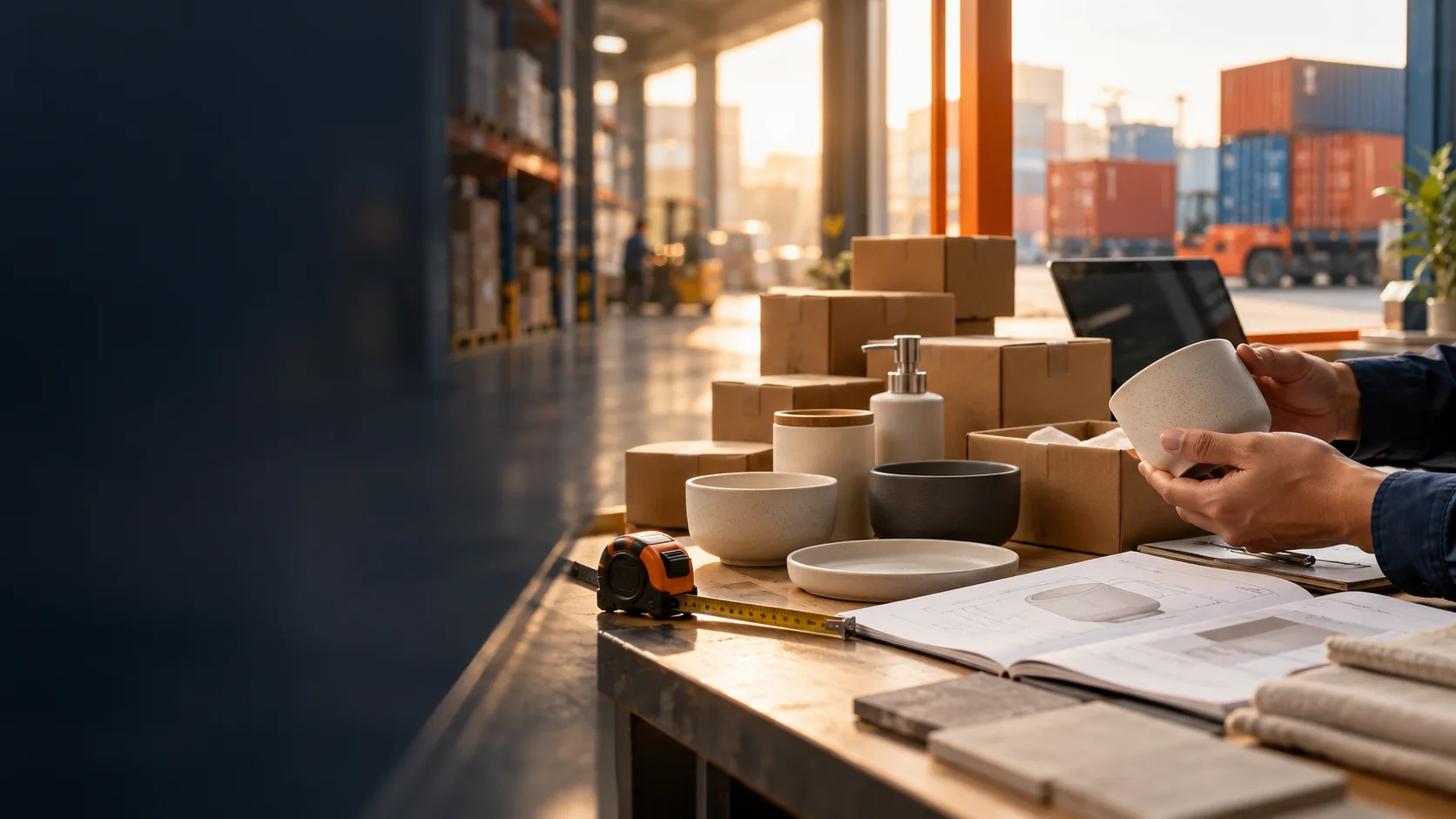 Illustrative procurement scene with product samples and specifications